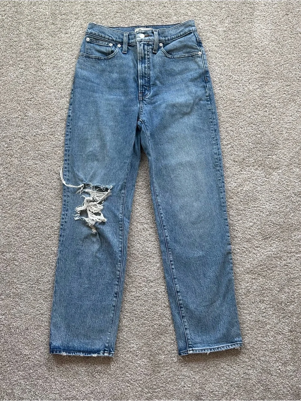 Madewell The Perfect Vintage Straight Jeans 27 Medium Wash Distressed Knee 28.5